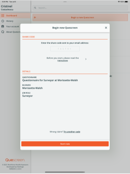 Begin new Quescreen, modal | Tablet (iPad Air 5th gen) | Light color scheme