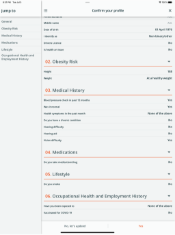 Questionnaire, Confirm your profile screen | Tablet (iPad Air 5th gen) | Light color scheme