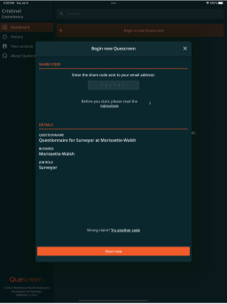 Begin new Quescreen, modal | Tablet (iPad Air 5th gen) | Dark color scheme