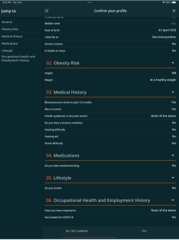 Questionnaire, Confirm your profile screen | Tablet (iPad Air 5th gen) | Dark color scheme