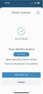Mobile app | Successful verification of a document.The screen also informs of a new IP Level achieved (IP1 Plus)
