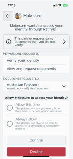 Mobile app | Businesses management screen for a business named 'Makesure', and permissions requested. Consent options are displayed at the end.