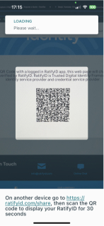 Mobile app | Scanning a QR code on the RatifyID website, which will temporarily (30s) display the digital identity details